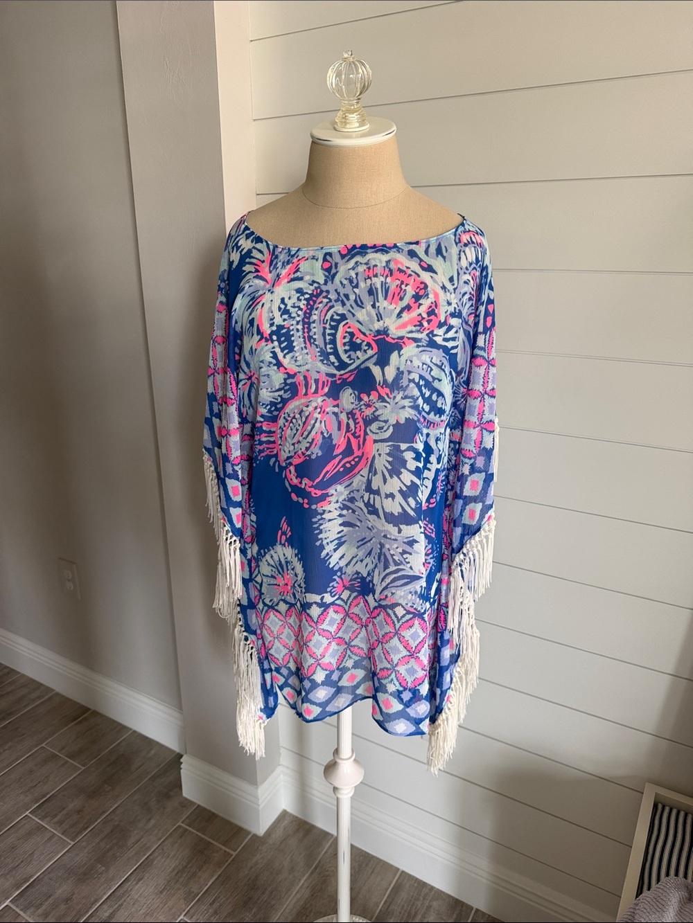 Lilly Pulitzer Blue Tunic with Pink Floral and Fringe